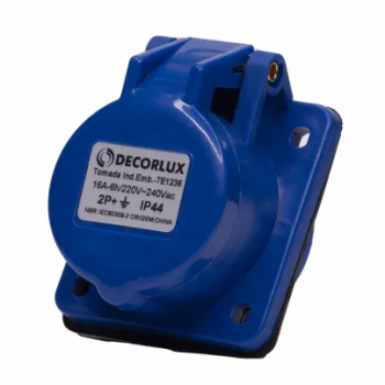 TOMADA FÊMEA INDUSTRIAL EMBUTIR, PLASTICO, 16A 220240V, 2P+T, 6H, IP44, COR AZUL (PCTE 1UN) DECORLUX