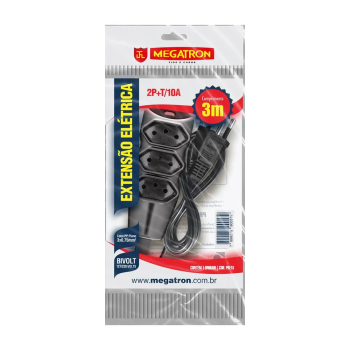 EXTENSAO PP PLANA 3x0,75MM 3M PRETA MEGATRON