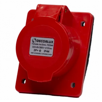 TOMADA FÊMEA INDUSTRIAL EMBUTIR, PLASTICO, 32A 380415V, 3P+T, 6H, IP44, COR VERMELHO, (PCTE 1UN) DECORLUX