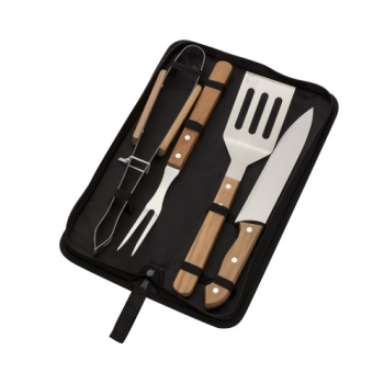 KIT CHURRASCO 4 PEÇAS  CABO MADEIRA C/ ESTOJO