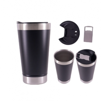 COPO TERMICO 473ml C/ TAMPA E ABRIDOR EM AÇO INOX - PRETO