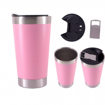 COPO TERMICO 473ml C/ TAMPA E ABRIDOR EM AÇO INOX - ROSA CLARO