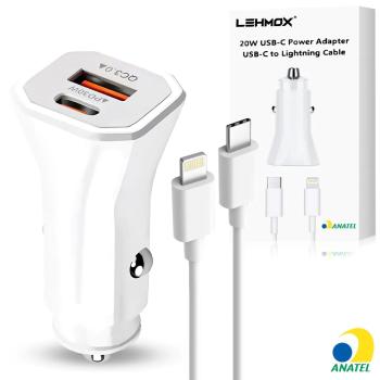 KIT CARREGADOR VEICULAR 1 USB/1 USB-C 20W PD LIGHTNING LEHMOX LE355 IOS