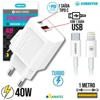 KIT CARREGADOR USB / USB-C LIGHTNING 40W TURBO KIMASTER T160 CL/T110 CL/KT652