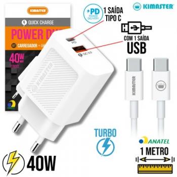 KIT CARREGADOR USB/USB-C TIPO C 40W TURBO KIMASTER T160CC/T110CC/KT653