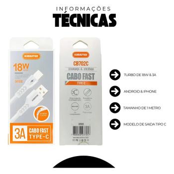 CABO USB CARREGADOR 18W TIPO C 1M KIMASTER CB702C