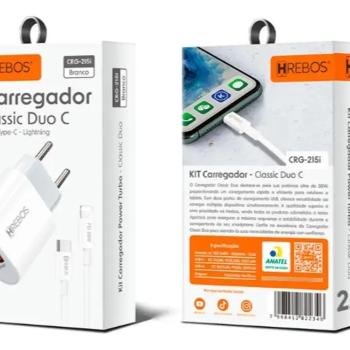 KIT CARREGADOR USB / USB-C LIGHTNING 20W HREBOS CRG-215i
