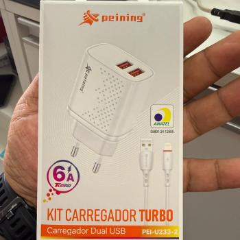 KIT CARREGADOR DUAL USB PEINING LIGHTNING 6A PEI-U233-2