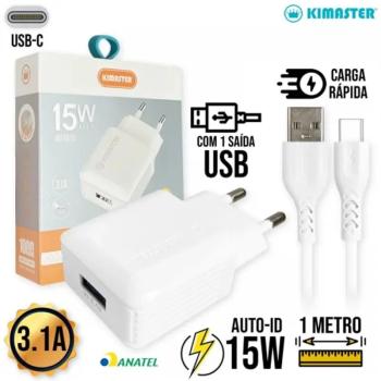 KIT CARREGADOR USB 15W TIPO C KIMASTER T503UC
