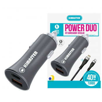 KIT VEICULAR BASE + CABO PD-USBC X IPHONE TURBO QC 3.0A 45W CV209CL PRETO KIMASTER