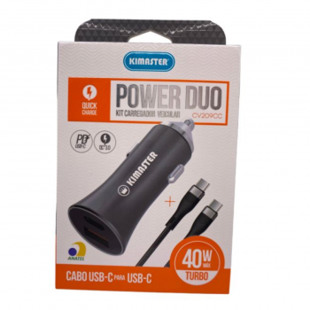 KIT VEICULAR BASE + CABO PD-USBC X TIPO C TURBO QC 3.0A 45W CV209CC PRETO KIMASTER