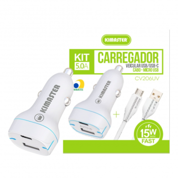 KIT VEICULAR BASE + CABO PD-USBC X V8 5.0A 15W CV206UV KIMASTER