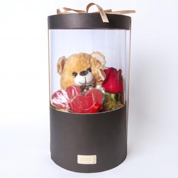 CAIXA ESPECIAL COM URSO DE PELUCIA ROSA E CORAÇÕES DE CHOCOLATE