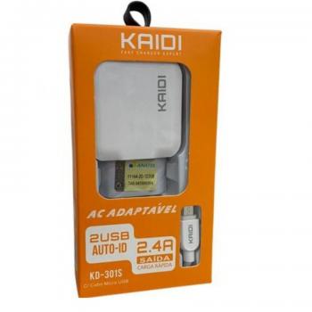 CARREGADOR DE PAREDE 2.4A / 2 USB / CABO / TURBO / V8  ( KD-301S ) - KAIDI