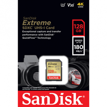 CARTAO DE MEMORIA SD 128GB EXTREME 4K UHD ( SDSDXVA-128G-GNCIN ) 180MB/S - SANDISK