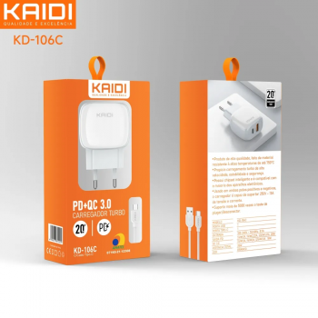 CARREGADOR DE PAREDE PD+QC 3.0 / CABO 1M / TIPO C / TURBO 20W ( KD-106C ) - KAIDI
