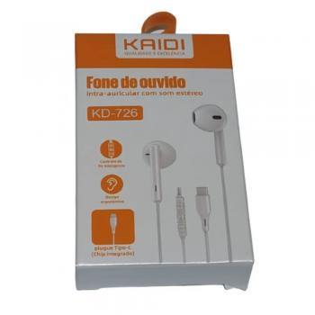 FONE DE OUVIDO INTRA-AURICULAR / CABO TIPO C ( KD726 ) BRANCO - KAIDI