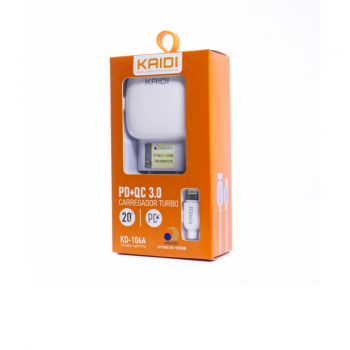 CARREGADOR DE PAREDE PD+QC 3.0 / CABO 1M/ IPHONE / TURBO 20W ( KD-106A ) - KAIDI