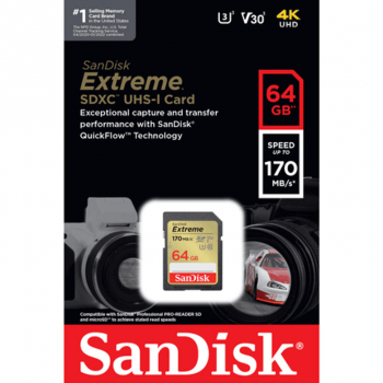 CARTAO DE MEMORIA SD 64GB EXTREME 4K UHD ( SDSDXV2-064G-GNCIN ) 170MB/S - SANDISK