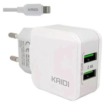 CARREGADOR DE PAREDE 2.4A / 2 USB / CABO / TURBO / IPHONE  ( KD-301A ) - KAIDI