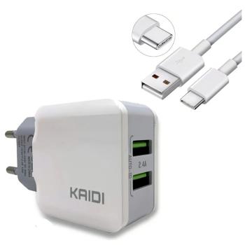 CARREGADOR DE PAREDE 2.4A / 2 USB / CABO / TURBO / TIPO C  ( KD-301C ) - KAIDI