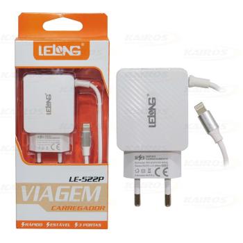KIT CARREGADOR FONTE E CABO LIGHTNING LELONG LE-522P 3.4A