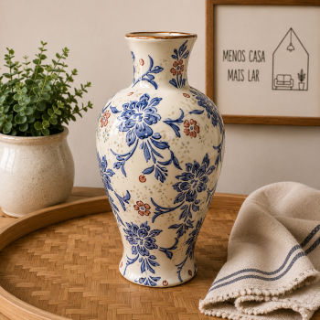 VASO CERÂMICA  VINTAGE AZUL E BRANCO 30CM