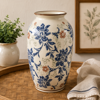 VASO CERÂMICA VINTAGE AZUL E BRANCO 25CM