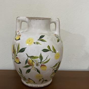 VASO CERAMICA FLORES E LIMAO COM ALÇA 17X17X22CM