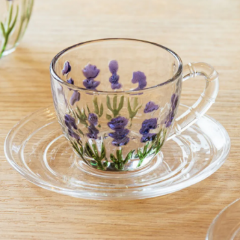 Xícara de Café com Pires Lavanda Hand Painting 80ml Cristal