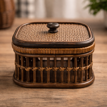 CAIXA DE MADEIRA COM DETALHES EM FIBRA RATTAN MARROM