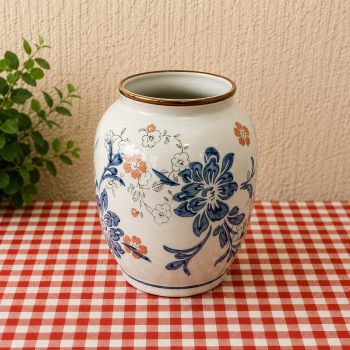 VASO CERAMICA VINTAGE AZUL E BRANCO 15CM