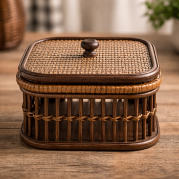 CAIXA DE MADEIRA COM DETALHES EM FIBRA RATTAN MARROM