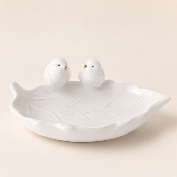 PETISKEIRA FOLHA BRANCA C/ 2 PASSARINHOS PORCELANA SMYP-009