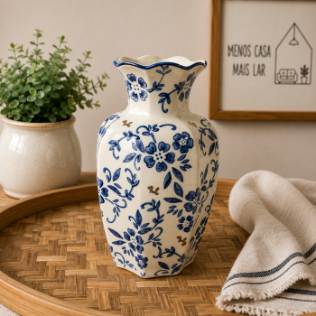 VASO CERÂMICA VINTAGE AZUL E BRANCO 24CM