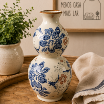 VASO CERÂMICA VINTAGE AZUL E BRANCO 18CM