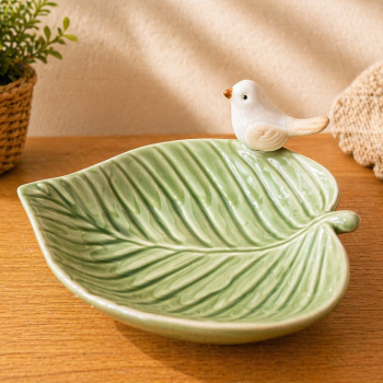 FOLHA VERDE CERAMICA COM PASSARO