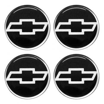 EMBLEMA CALOTA CHEVROLET RESINADO 48 MM PRETO E CROMADO 4 PCS