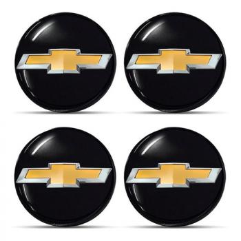 EMBLEMA CALOTA CHEVROLET RESINADO 48 MM PRETO E DOURADO 4 PCS