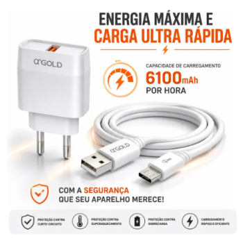 Carregador De Celular V8 30w Turbo Fonte 1 Usb Cabo 1m CA15-1 A'Gold