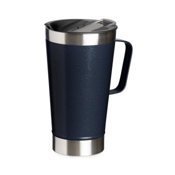 Caneca térmica de inox com capacidade para 500ml. Acompanha uma tampa de plástico e um abridor de garrafas.
