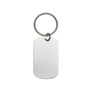 Chaveiro Metal Plaquinha Formato retangular com bordas arredondadas de frente e verso liso.