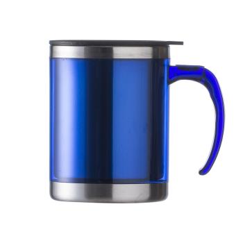Caneca acrílica 400ml com detalhe oval no pegador, revestimento interno e detalhes em inox e tampa plástica.