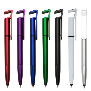 Caneta plástica com suporte para celular, ponteira touch screen e limpador de tela.