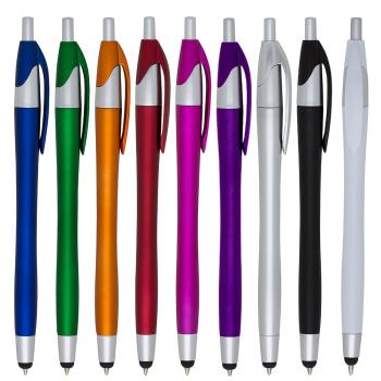 Caneta Plástica Touch com ponteira touch screen, carga esferográfica azul 1.0 mm e acionamento por clique.