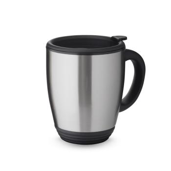 Caneca inox 470ml tampa com vedação, bocal com trava de segurança e pegador de plástico.