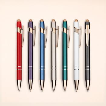 Caneta Metal Touch com detalhe emborrachado no topo, ideal para interação com dispositivos de telas sensíveis ao toque.