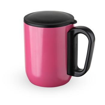 Caneca 230ml parede dupla em inox, tampa plástica para vedação e base com EVA antiderrapante.