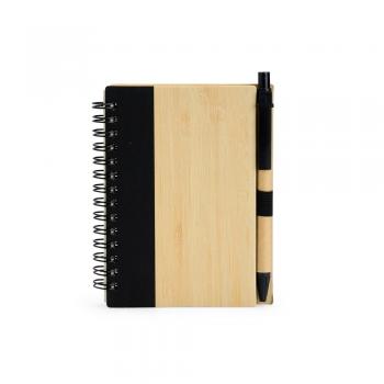 Caderno Ecológico com Caneta de capa dura em kraft com porta-canetas elástico, encadernação Wire-O e dois bolsos internos.