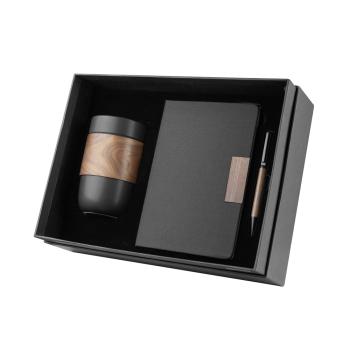 Kit Escritório Caderno e detalhes de madeira, Copo 500ml e caneta